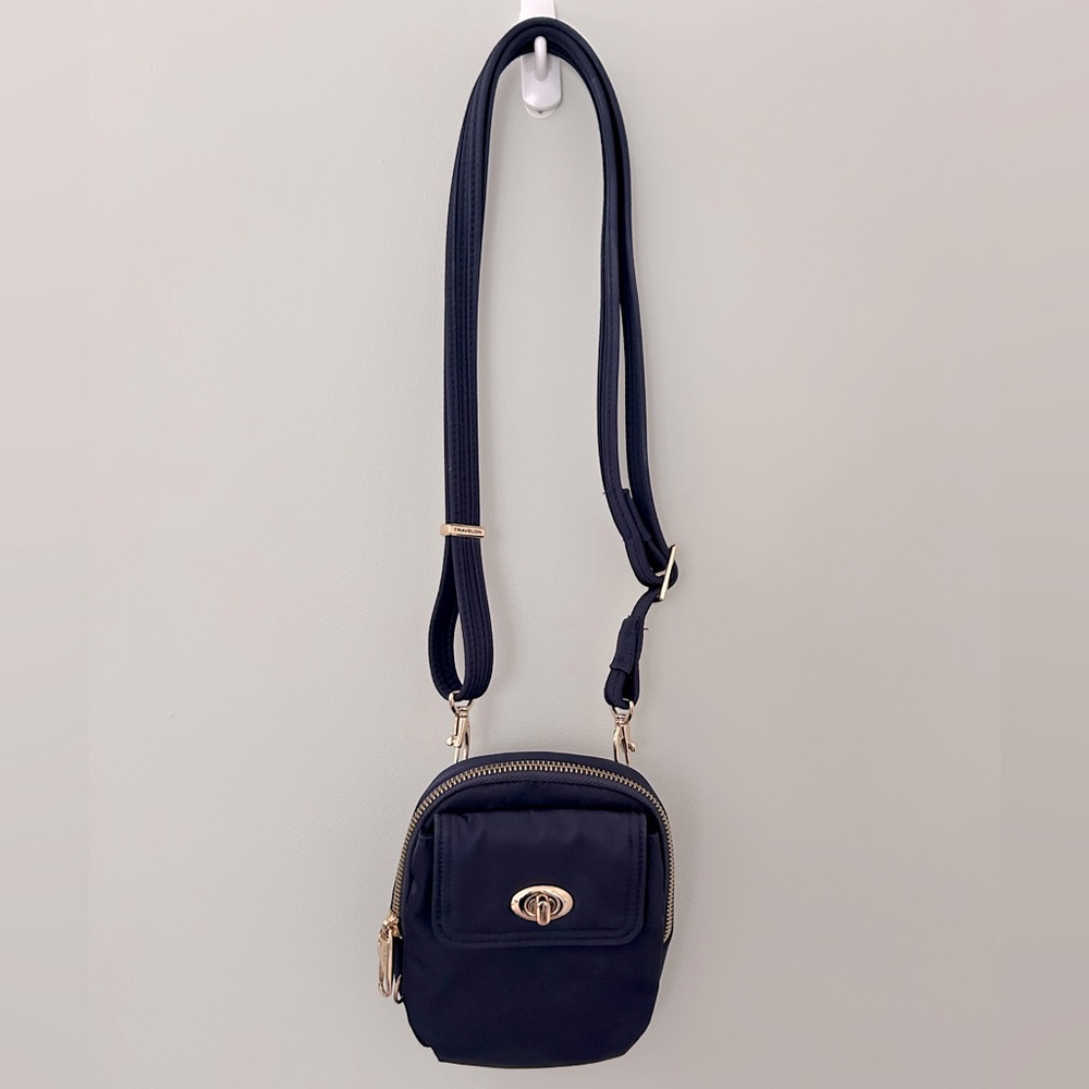 Travelon Anti-Theft Tailored Crossbody Phone Pouch - Sapphire, gold accents - Picture 6 of 11